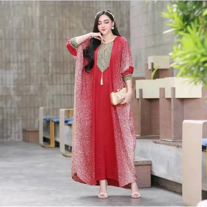 Kaftan Renda Semprot warna Maroon